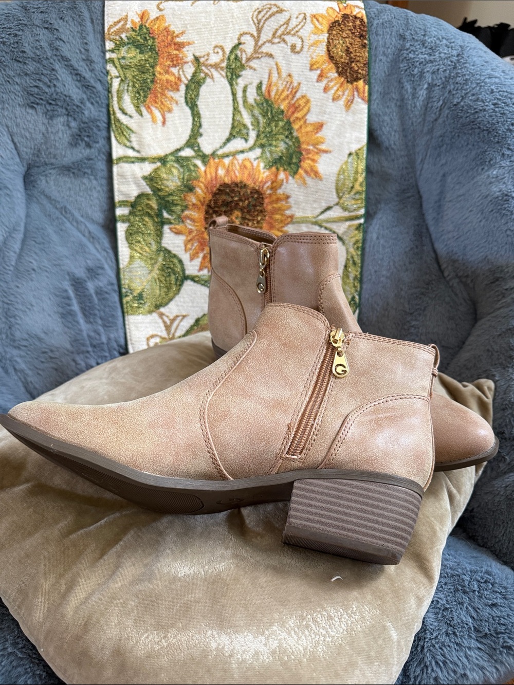 G by Guess Blush Tan Suede Ankle Booties with Gold Zipper Charm